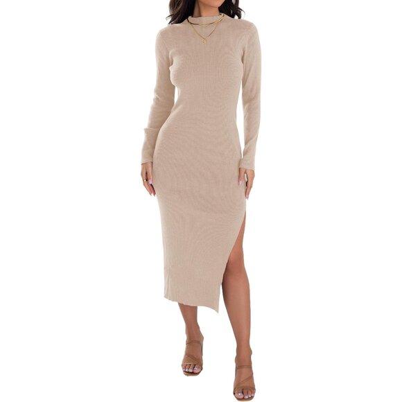 Women's Ribbed Knit Dress Long Sleeve Mock Neck Slim Fit Side Slit - Picture 1 of 7